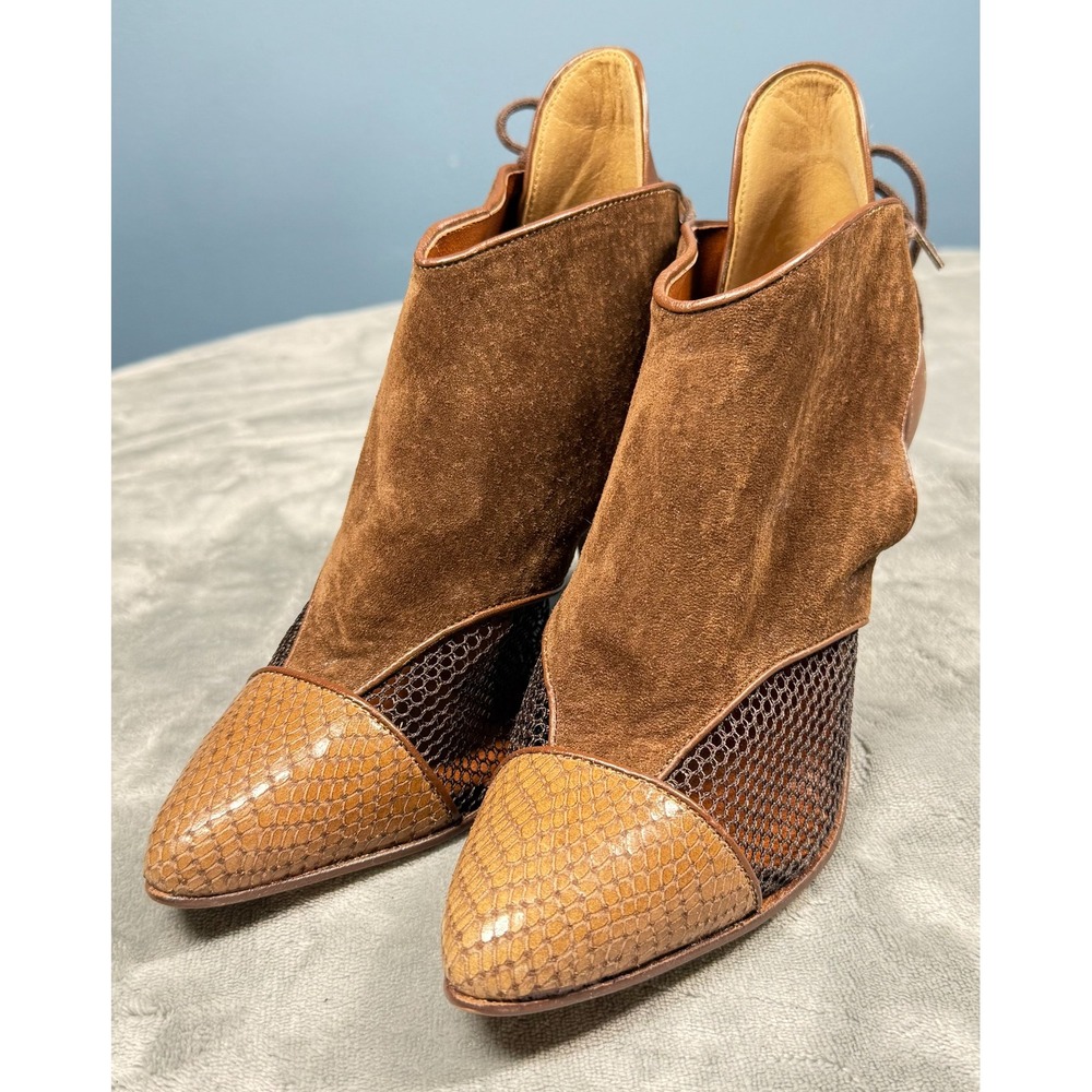 RushHour Womens Ankle Boots 7 B Brown Suede Snake Print Mesh Lace Up Heel